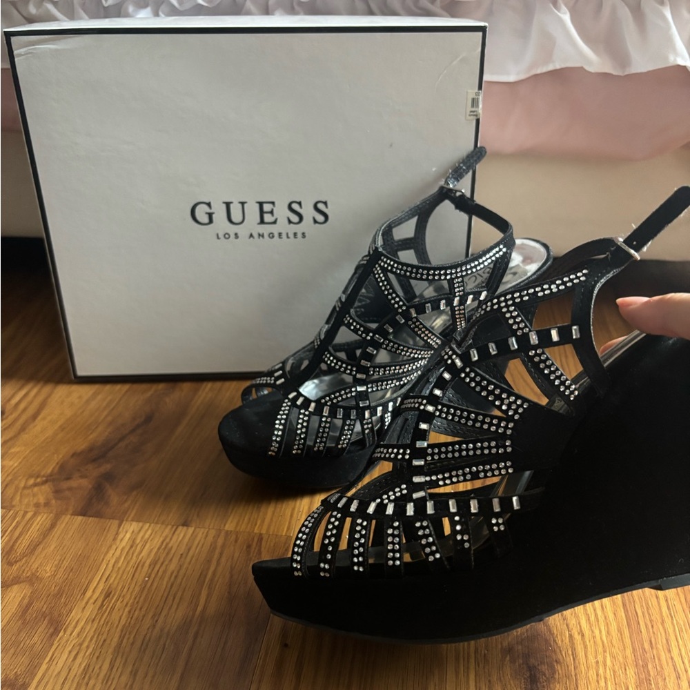 Guess Black Wedge Shoes with Rhinestone Embellishments